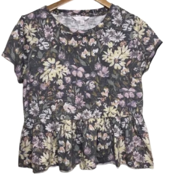 LC LAUREN CONRAD Top Floral Crewneck Jersey Peplum Short Sleeve Gray X-Large - Picture 3 of 7